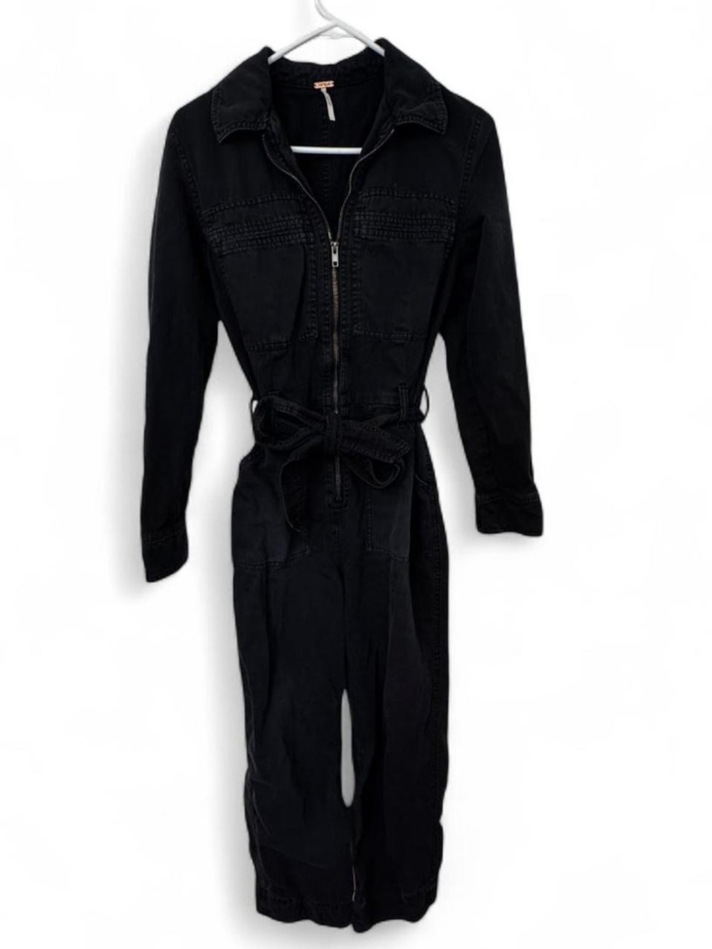 Free People Black Zip-Front Utility Jumpsuit with Tie Waist